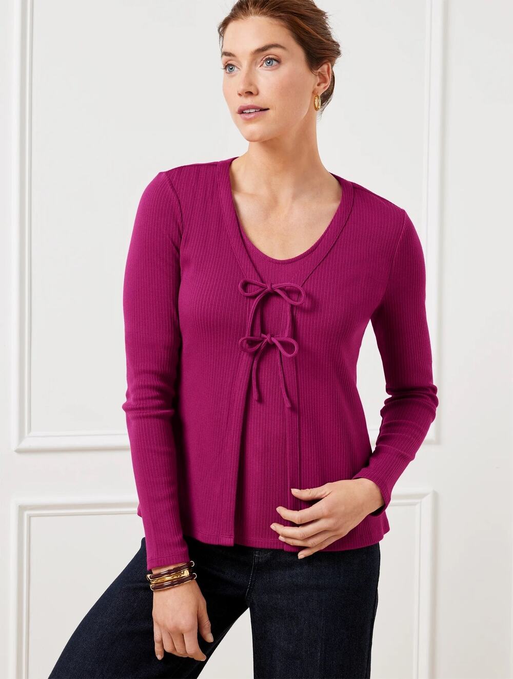 Talbots Fucshia Ribbed Tie Cardigan Top XL Comfort Casual Stretch
